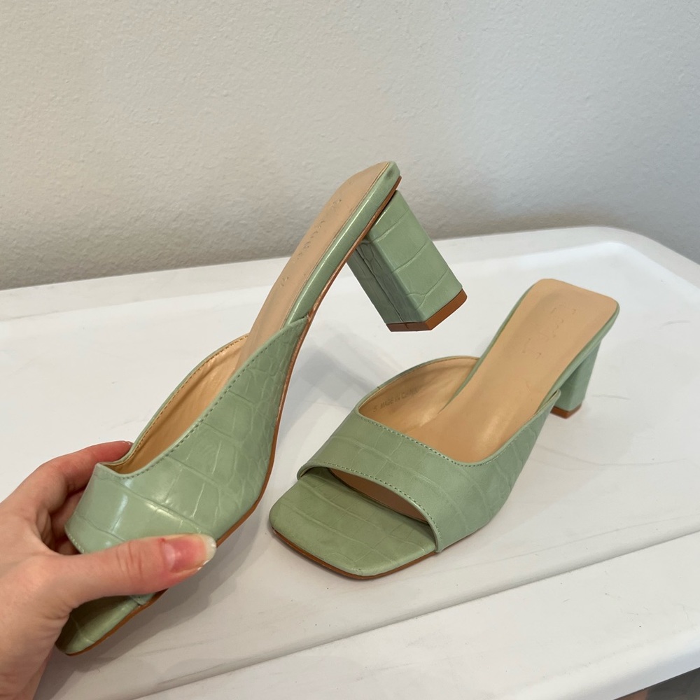 Sage green kitten peep toe heels